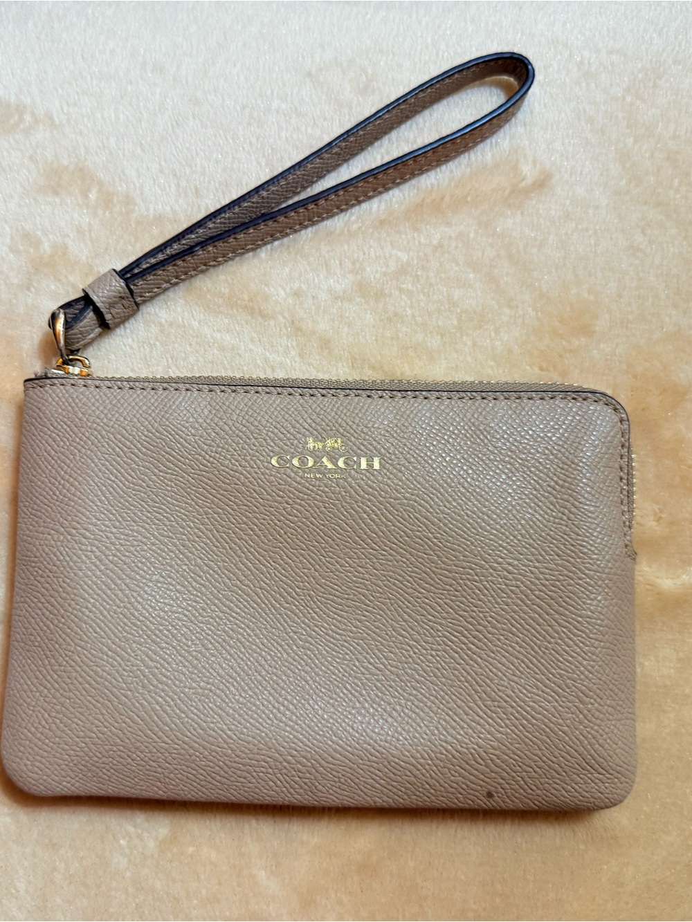 Coach Taupe Leather Wristlet with Gold Logo